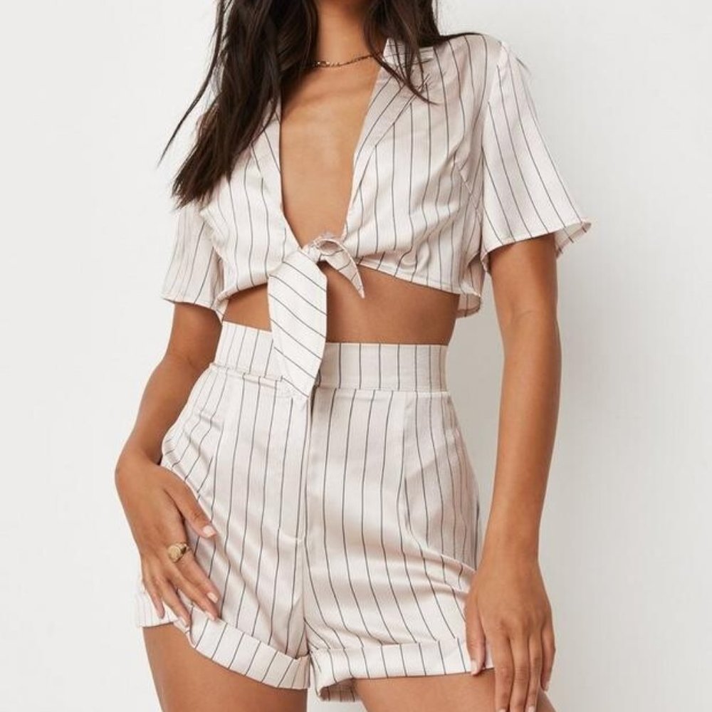 Missguided Petite Stone Satin Stripe Tie Crop Shirt Shorts SZ. 0 NEW